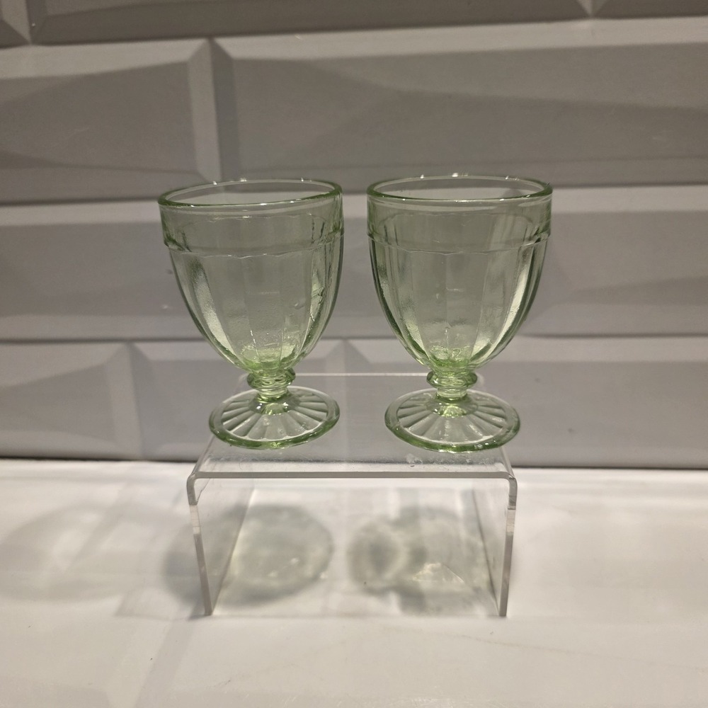 2 Anchor Hocking Pillar Optic Green Cordial Glasses 3 1/8" Uranium Glass - Picture 2 of 11